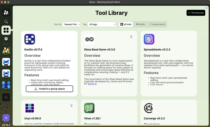 This image shows a computer screen displaying an app store page for a tool library called Tool Library. The application is in beta testing mode and has several updated versions available, including "glass dead game v1.4" with various features such as a new board game. Additionally, it has been optimized for the Moss 0.15 ecosystem, which allows for better curation of tools. The post highlights that this library can now cater to more precise curation needs and offers an improved curation experience by providing updated versions and a centralized system to find the desired tools within the tool library.