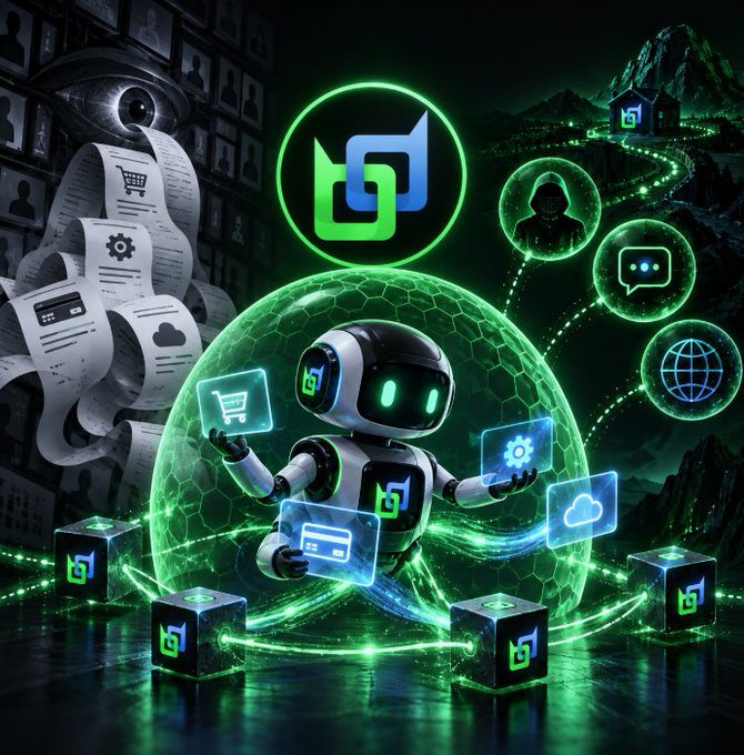 Futuristic green-themed digital art featuring a robot inside a glowing dome, surrounded by cubes and floating icons for shopping, settings, cloud services, and a hooded hacker figure.