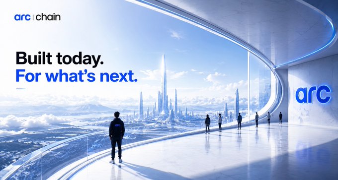 The image features a large white arch with a curved ceiling that spans across the frame. A group of people are standing inside this arch-like structure, looking out over a cityscape below them. The text "ARC Chain" is prominently displayed at the top of the image, and it reads "Built today. For what's next." Below this, there is a list of updates to the network, including community feedback and the continuous improvement of the network. The image also includes a link to the post on social media, which provides more information about the network and its progress.