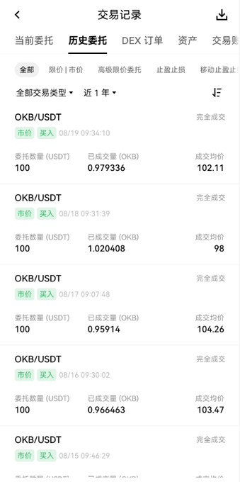 A Chinese-language mobile trading app screenshot showing transaction history ('交易记录') for OKB/USDT purchases between August 15-19, listing various buy orders with quantities around 100 USDT and prices ranging from 98-104.26.