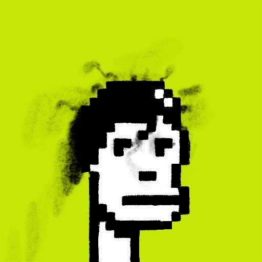 A pixelated black-and-white face with curly hair is spray-painted in a graffiti style on a bright yellow-green background.