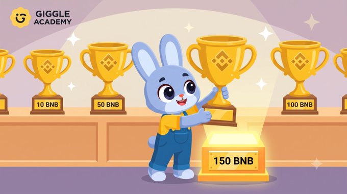 A cheerful blue cartoon bunny holds up a large trophy marked "150 BNB" in front of a tiered display of smaller trophies labeled "10 BNB," "50 BNB," and "100 BNB," visually representing the cumulative donation milestones to Giggle Academy that the post celebrates, with the 150 BNB trophy highlighting the latest historic achievement.