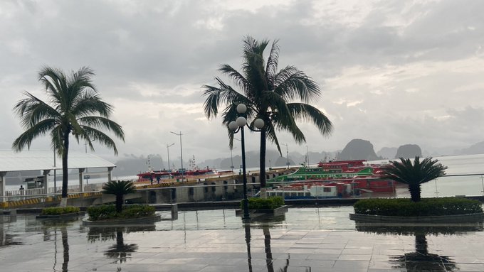 A rainy waterfront plaza features palm trees and a pier with boats docked against a backdrop of limestone karst mountains.