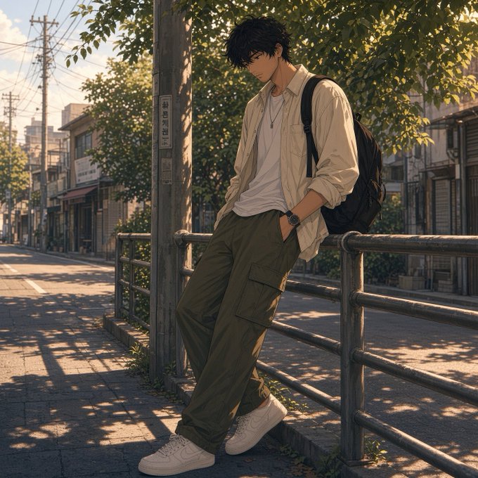 An anime-style illustration of a young man with dark hair leaning against a metal railing on a sunlit street, wearing a beige jacket, white shirt, olive cargo pants, and white sneakers while carrying a black backpack.
