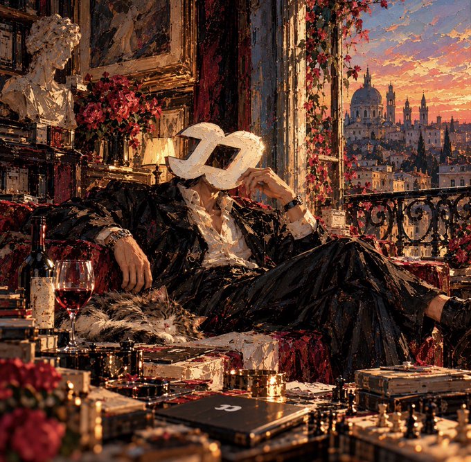 An ornate, baroque-style digital painting depicting a masked figure in a white masquerade mask and black clothing reclining amid wine bottles and chess pieces, with a sunset view of Venice in the background.