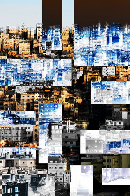 A glitch-style digital artwork featuring a fragmented cityscape of densely packed buildings, overlaid with blue, orange, and grayscale pixelated blocks that create an "X-ray glitch" effect, matching the post's description of the piece as an experimental X-ray glitch building artwork on Transient Labs.