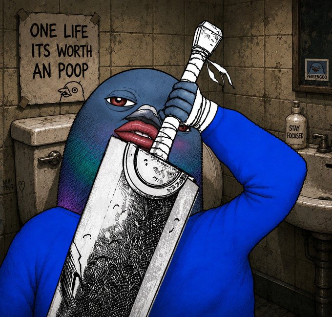 A cartoon illustration of a Pigeon (PENGU) character wearing a blue suit, holding a large razor blade, with a poster reading 'ONE LIFE ITS WORTH AN POOP', a soap bottle labeled 'STAY FOCUSED', and a sink in a tiled bathroom setting.