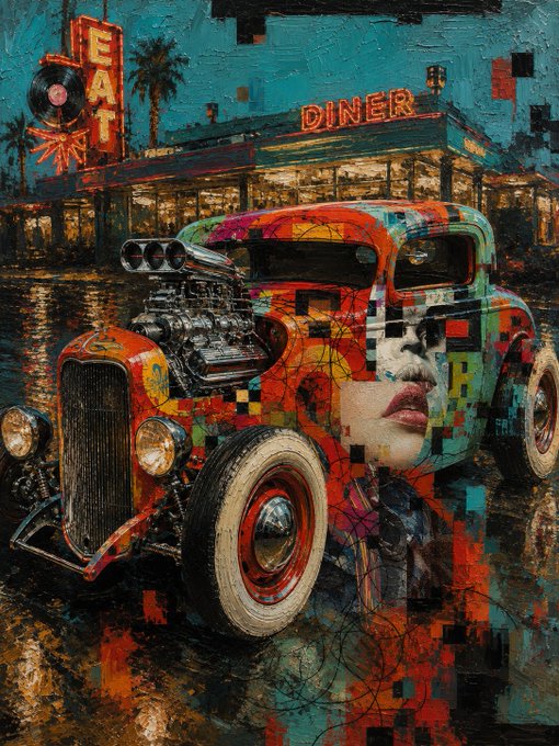A colorful mixed-media style artwork of a vintage hot rod car parked in front of a retro diner with neon signs reading 'EAT' and 'DINER', featuring a woman's face incorporated into the car's body design.