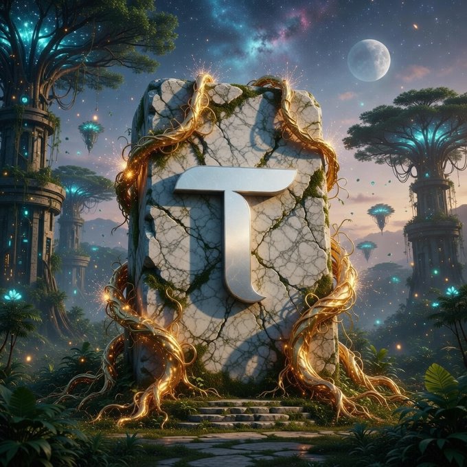 A massive stone monolith displays a glowing silver "T" emblem, entwined with golden vines and set within a mystical forest landscape featuring floating islands, illuminated trees, and a starry cosmic sky. The image visually represents the Bittensor ($TAO) ecosystem update, with the "T" symbolizing the TAO ticker amid a fantastical setting that evokes the project's decentralized and innovative nature.