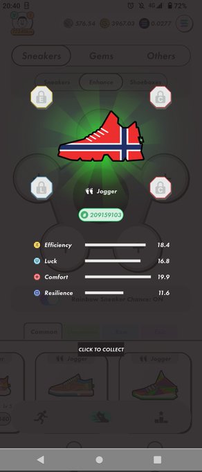 A mobile game screenshot showing a sneaker NFT called 'Jogger' with a Norwegian flag design, displaying stats: Efficiency 18.4, Luck 16.8, Comfort 19.9, Resilience 11.6, available to collect for 209159103 currency.
