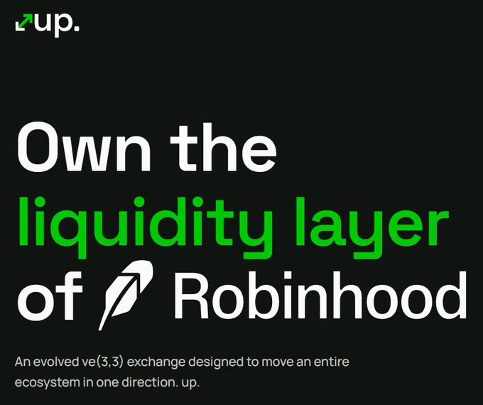 A promotional graphic with the text 'Own the liquidity layer of Robinhood' and 'An evolved ve(3,3) exchange designed to move an entire ecosystem in one direction. up.'