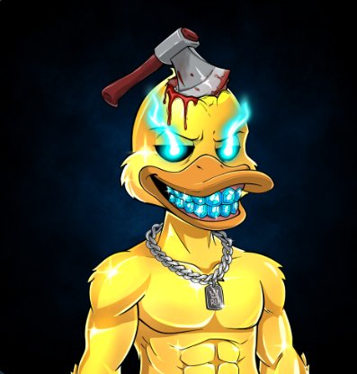 A digital illustration depicts an anthropomorphic yellow duck character with glowing cyan eyes, diamond-encrusted teeth, a silver chain, and an axe embedded in its head.
