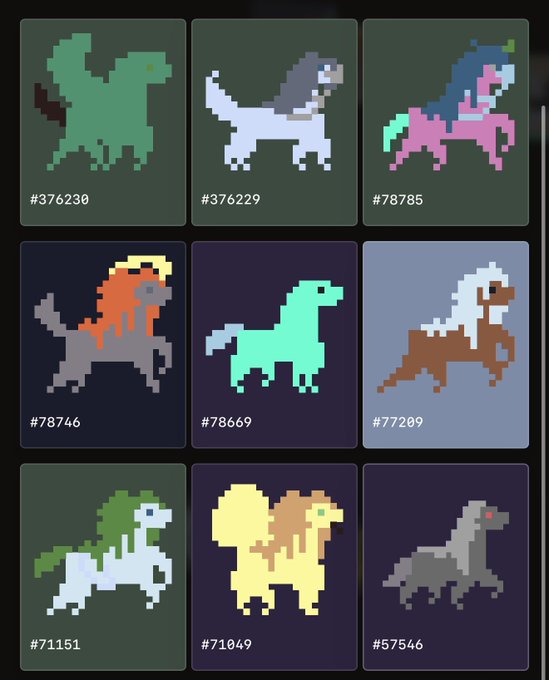 A grid of nine pixel-art horse characters in various colors, each labeled with a number such as #376230, #78746, and #57546.