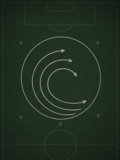A tactical chalkboard diagram showing a soccer/football field with white chalk arrows forming a spiral pattern, demonstrating a play strategy on the green surface.