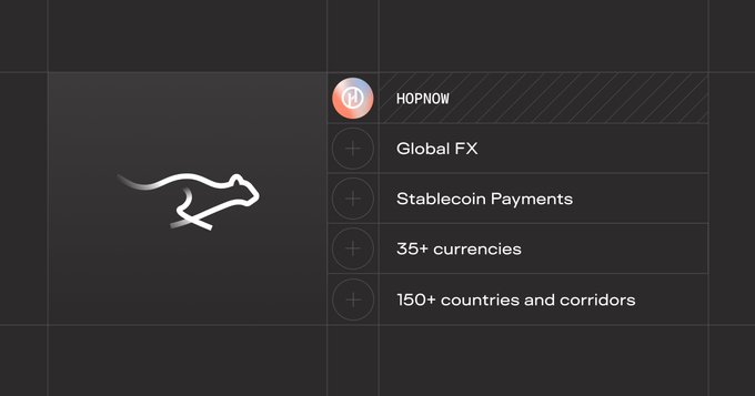 An interface slide featuring a white dog/camel logo with a list of features: 'HOPNOW', 'Global FX', 'Stablecoin Payments', '35+ currencies', and '150+ countries and corridors'.
