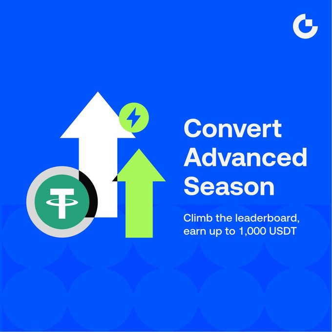 The image is a Gate.io promotional graphic for the "Convert Advanced Season" campaign, featuring up arrows, a Tether (USDT) coin icon, and text inviting users to "Climb the leaderboard, earn up to 1,000 USDT." It visually reinforces the post's message about the Convert feature's rewards program, with the upward arrows symbolizing portfolio growth and the USDT coin highlighting the earning potential of the campaign.