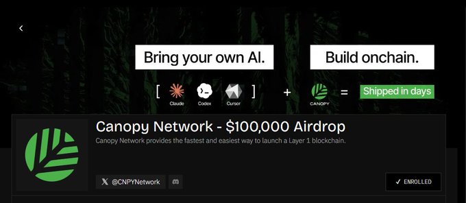 Canopy Network promotional graphic reading "Bring your own AI. Build onchain. Shipped in days" alongside a "Canopy Network - $100,000 Airdrop" banner with an "ENROLLED" status and the handle @CNPYNetwork.