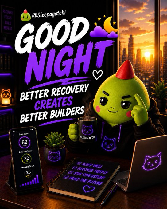 A Sleepagotchi promotional graphic reads 'GOOD NIGHT - BETTER RECOVERY CREATES BETTER BUILDERS' with the @Sleepagotchi handle, featuring a green character holding a mug next to a phone displaying sleep stats.