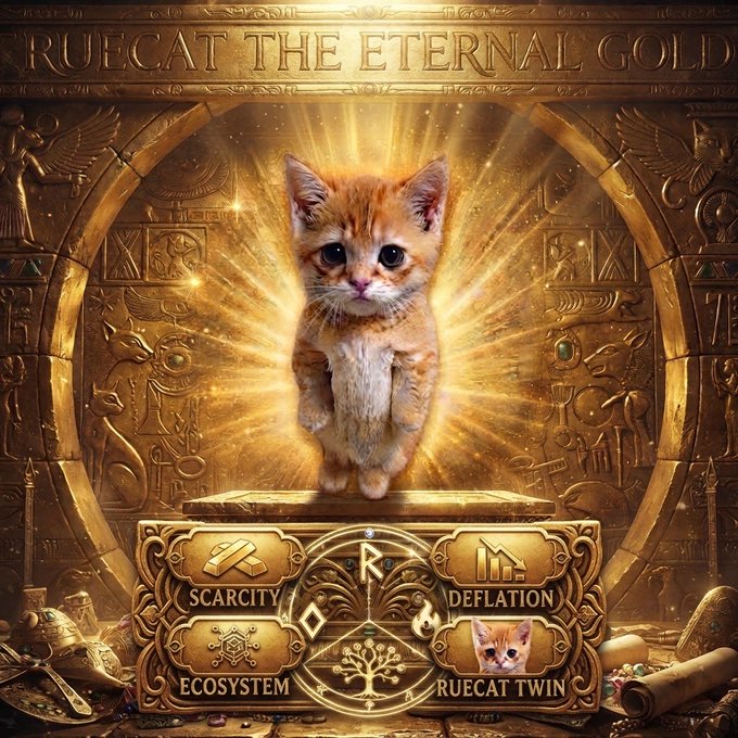A golden, ornate promotional graphic titled 'RUECAT THE ETERNAL GOLD' featuring an orange kitten floating above a treasure chest labeled with 'SCARCITY,' 'DEFLATION,' 'ECOSYSTEM,' and 'RUECAT TWIN,' surrounded by Egyptian-style hieroglyphs.