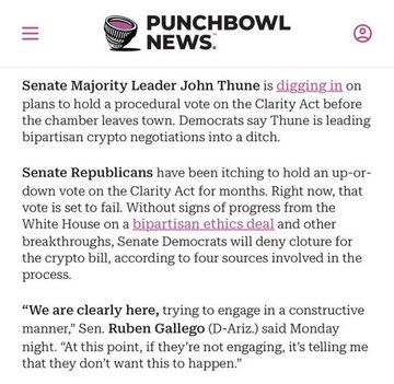 A screenshot of a news article from 'Punchbowl News' reporting on Senate Majority Leader John Thune's plans for a procedural vote on the Clarity Act and bipartisan crypto negotiations.