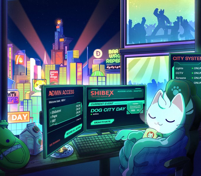A cyberpunk-style digital illustration showing a cute white cat character at a computer terminal displaying 'ADMIN ACCESS' for 'SHIBEX Security System' with a notification for 'DOG CITY DAY', set against a neon city skyline.