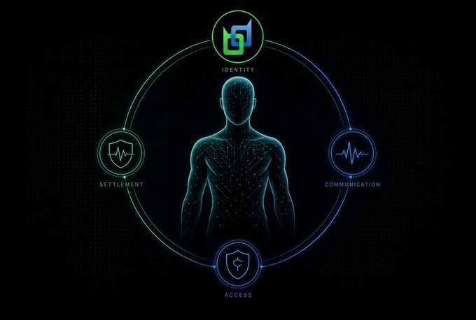 A futuristic digital graphic displays a human silhouette surrounded by four interconnected nodes labeled Identity, Settlement, Communication, and Access.