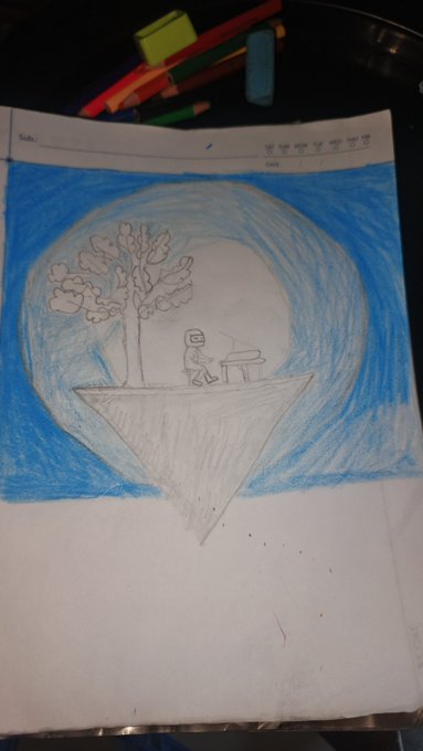 A child's pencil and crayon drawing on notebook paper depicting a figure standing next to a tree on an inverted triangular floating island, set against a blue circular sky background.