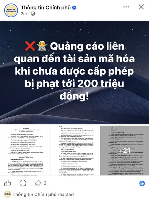 A Vietnamese government social media post warns that advertising related to cryptocurrency without proper licensing can result in fines up to 200 million VND.