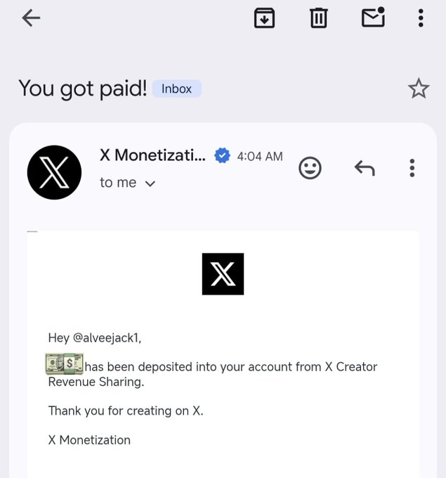 An email screenshot from X Monetization confirming that payment has been deposited into @alveejack1's account from X Creator Revenue Sharing.