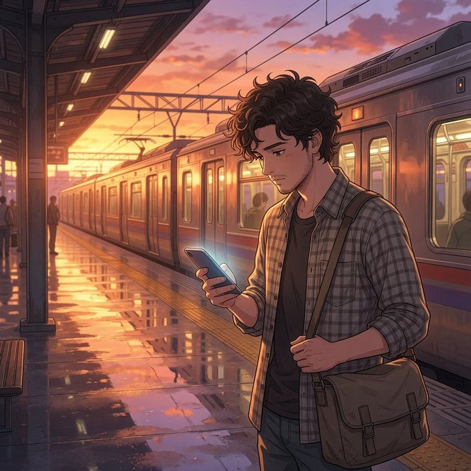A young man with curly hair stands on a train platform at sunset, checking his phone while waiting beside a train, visually echoing the post's theme of trust and connectivity issues in DeFi—where traditional "bridges" between chains have proven unreliable, but RiverdotInc offers a no-bridge alternative by letting users deposit collateral on one chain and mint satUSD natively on another without wrapped assets or transfer risk.