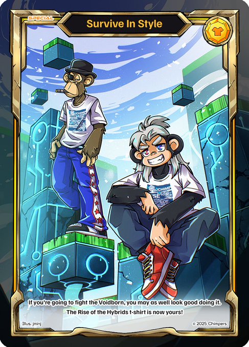 A digital trading card titled "Survive In Style" features two cartoon monkey characters wearing "The Rise of the Hybrids" t-shirts, with the caption: "If you're going to fight the Voidborn, you may as well look good doing it. The Rise of the Hybrids t-shirt is now yours!".