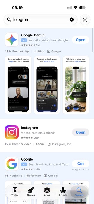 A screenshot of an App Store search for 'telegram,' showing Google Gemini, Instagram, and Google as top results.