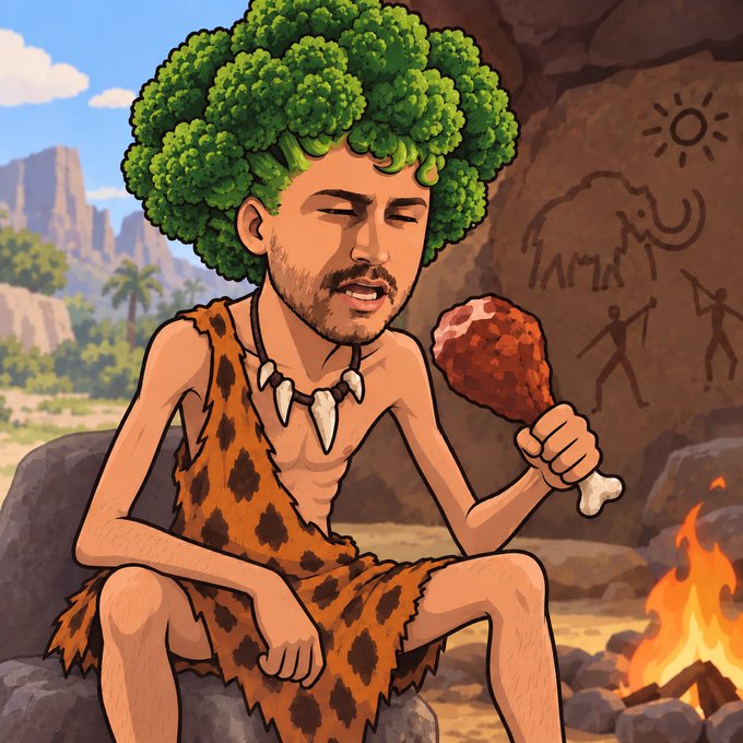A digital illustration of a bearded man in a leopard-print tunic eating a piece of meat by a campfire, with broccoli styled as his hair and a stone wall with cave drawings in the background.