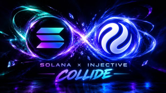 A vibrant digital graphic with cosmic blue and purple energy effects displays the logos for 'SOLANA' and 'INJECTIVE' facing each other, with the word 'COLLIDE' below.