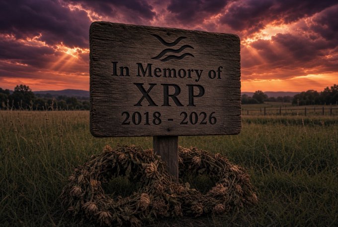 A somber memorial scene showing a wooden grave marker that reads 'In Memory of XRP 2018 - 2026' with the Ripple logo, set in a grassy field under a dramatic sunset sky.