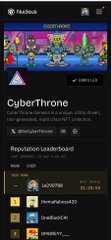 A mobile screenshot of a Roblox game called 'CyberThrone' with a Friends tab open, showing a reputation leaderboard.