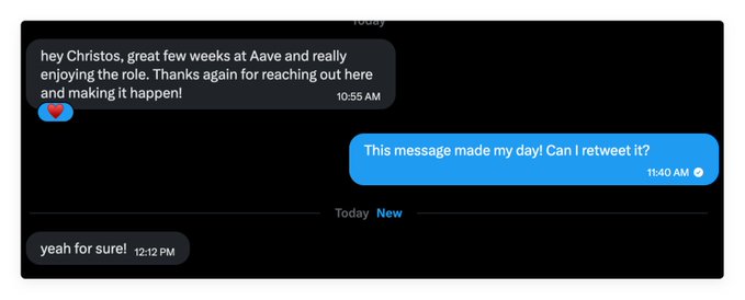 A text message exchange shows someone expressing appreciation for their role at Aave ("hey Christos, great few weeks at Aave and really enjoying the role"), to which Christos replies asking permission to retweet, and the sender agrees—illustrating the post's message about the rewarding experience of working at Aave.