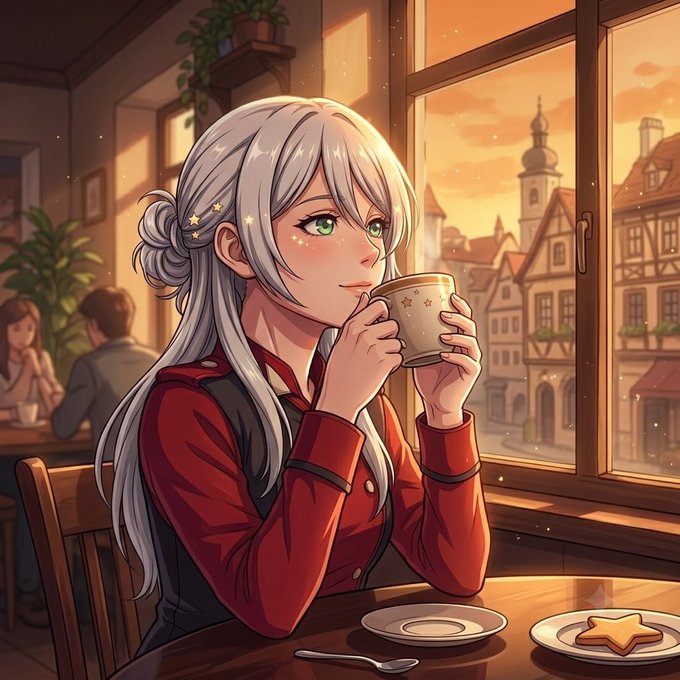 A silver-haired anime girl with green eyes sips from a star-patterned mug while seated at a café table, gazing out a large window at a European-style town bathed in golden sunset light, with star-shaped cookies on plates beside her, mirroring the post's theme of agents quietly proving themselves during a break before earning access.