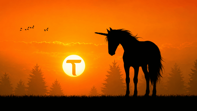 A silhouette of a unicorn against a vibrant orange sunset sky with birds flying in the distance and trees along the horizon, featuring a white circular logo with an orange 'T' in the center.
