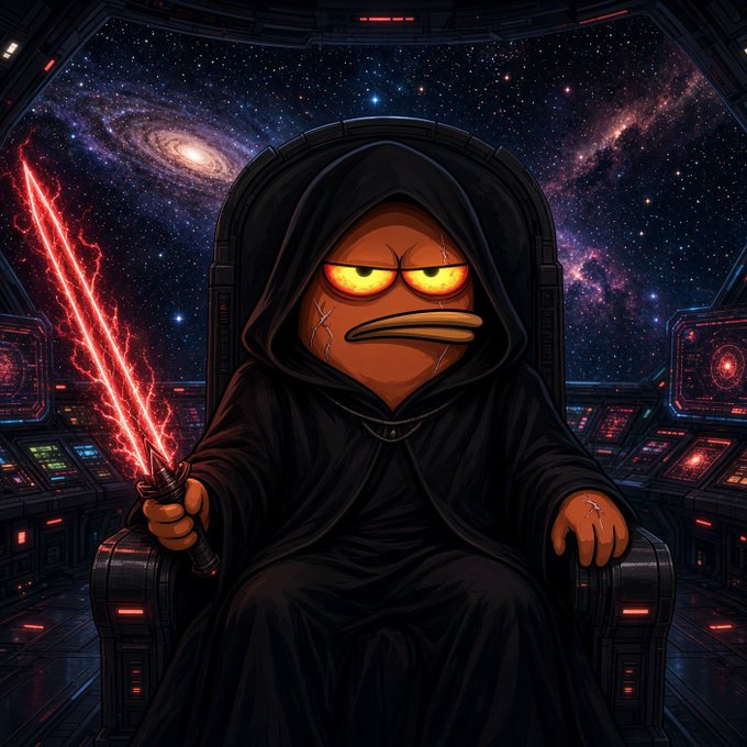 A Sith Lord–styled orange fish character (resembling a meme figure) wields a red lightsaber while sitting on a dark throne against a cosmic backdrop, evoking a "Dark Lord" persona for the "BobMonad" token. The image playfully positions the @BobMonad character as an all-powerful, undervalued force in the crypto space on day 161.
