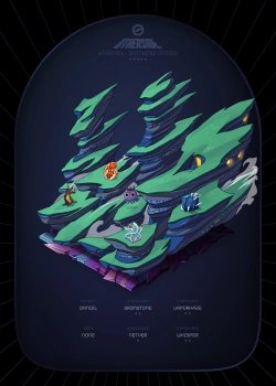 A stylized digital illustration on a dark background showing jagged, layered green rock formations on floating islands, with tiny figures exploring and small text labels like 'SPIRAL', 'BRUSHFIRE', and 'UNIVERSE' below.