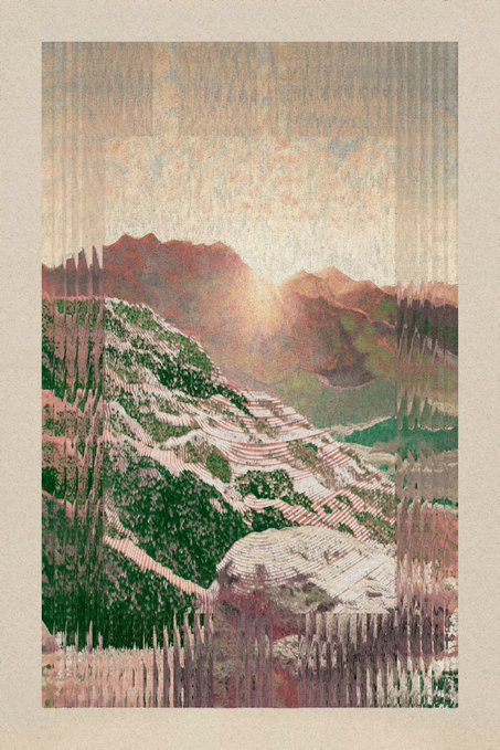 A stylized landscape illustration showing mountains and a forest at sunset, with visible vertical lines giving it a textured, woodcut-like appearance.