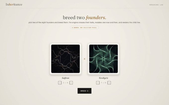 A webpage from the 'Inheritance' Breeding Lab showing two selected founders, 'Saffron' (2/8) and 'Verdigris' (7/8), ready to breed.