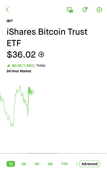 A mobile screenshot showing the IBIT iShares Bitcoin Trust ETF stock price at $36.02, up $0.38 (1.08%) today on the 24-hour market, with a green price chart and time interval options (1D, 1W, 1M, 3M, YTD) visible at the bottom.