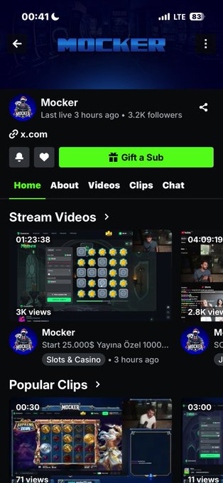 A mobile screenshot of a streaming app profile for 'Mocker' with 3.2K followers, displaying stream videos and popular clips from the 'Slots & Casino' category.