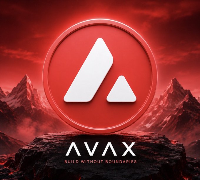Promotional graphic for AVAX (Avalanche) cryptocurrency with the tagline 'BUILD WITHOUT BOUNDARIES' displayed against a dramatic red mountainous background.