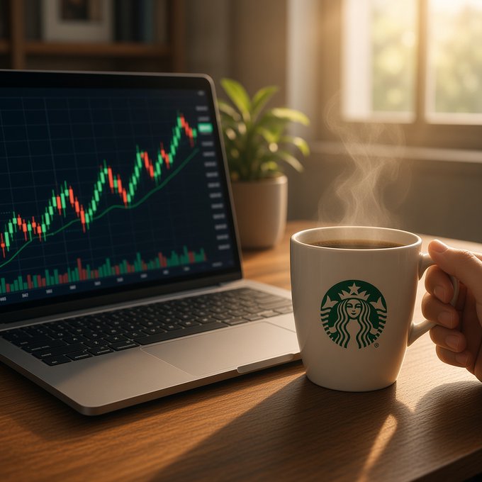 A hand holding a steaming Starbucks mug next to a laptop displaying a candlestick stock/crypto chart on a wooden desk with a potted plant in the background.