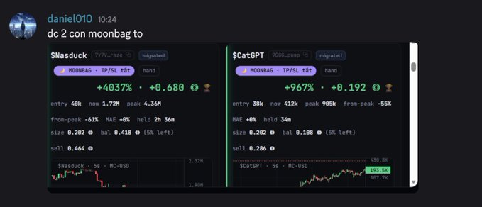 Discord message from user daniel010 sharing two significant Moonbag token gains: $nasduck (+4037%) and $catGPT (+967%), both showing entry points and profit multiples.