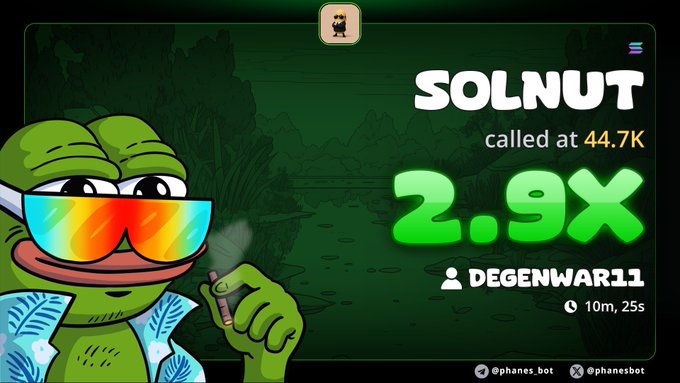 A green-themed meme image featuring a Pepe the Frog character in sunglasses smoking a cigar, advertising a crypto call on $SOLNUT at 44.7K with a 2.9X multiplier, tagged @degenwar11.