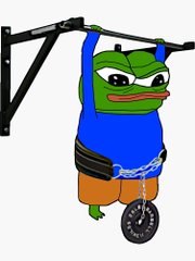 A digital illustration depicts a Pepe the Frog character with a muscular green body wearing a blue tank top, brown shorts, and a ball-and-chain attached to a chain around its waist, hanging from a pull-up bar.